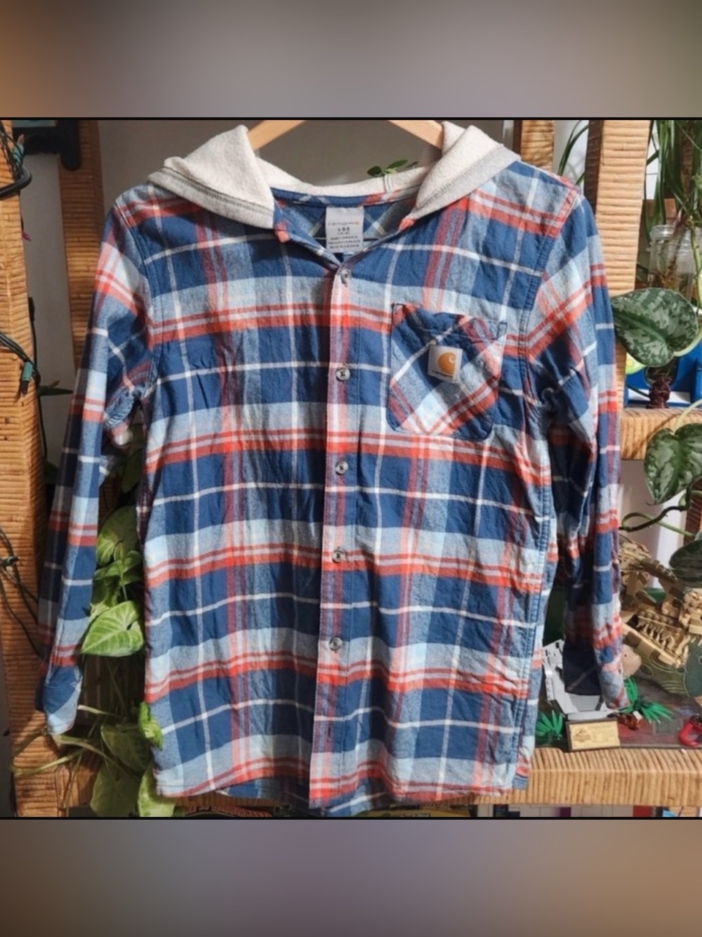 Carhartt Flannel Button Down Hooded Shirt Youth L 14-16